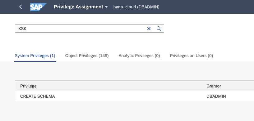 XSK - SAP HANA Cockpit - Create Schema