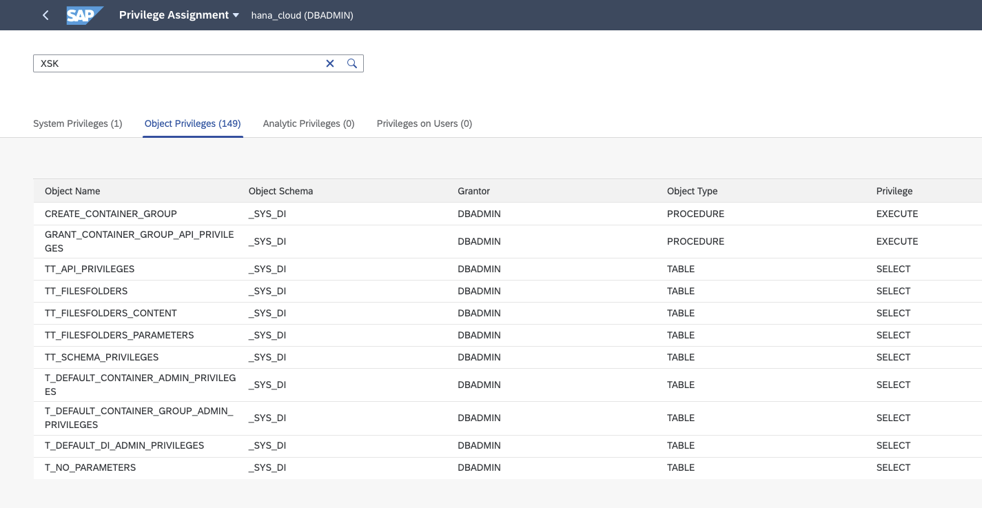 XSK - SAP HANA Cockpit - Object Privileges